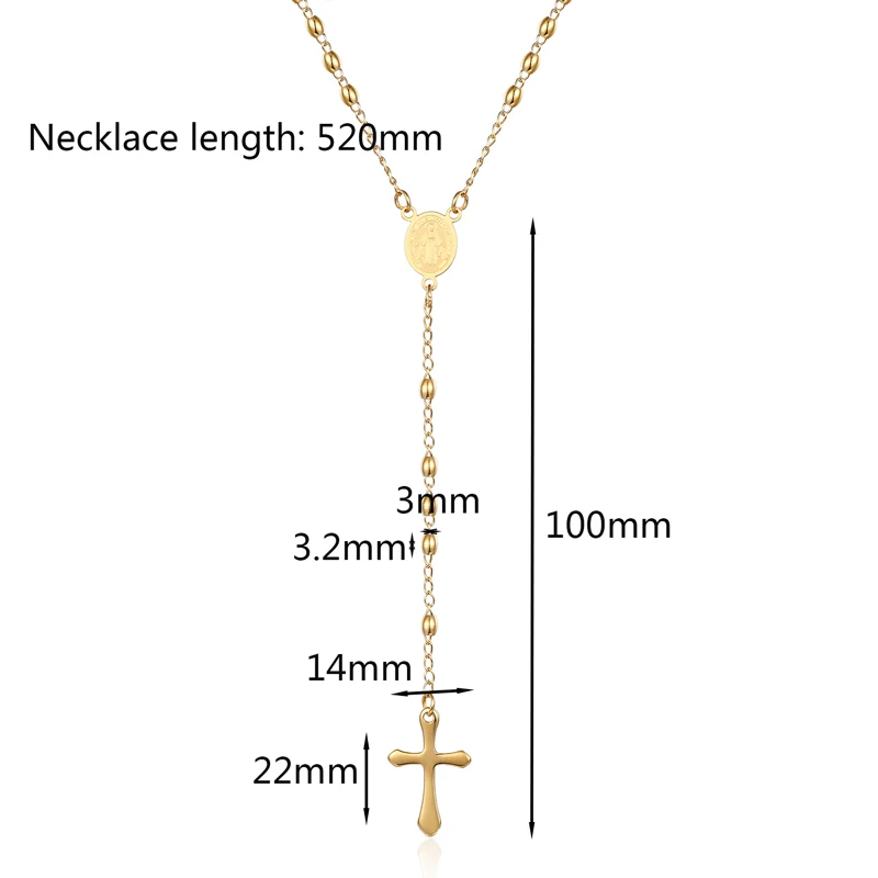 3mm Oval Bead Rosary Cross Pendant Necklace Stainless Steel Jesus Center Christian Catholic Religion Jewelry