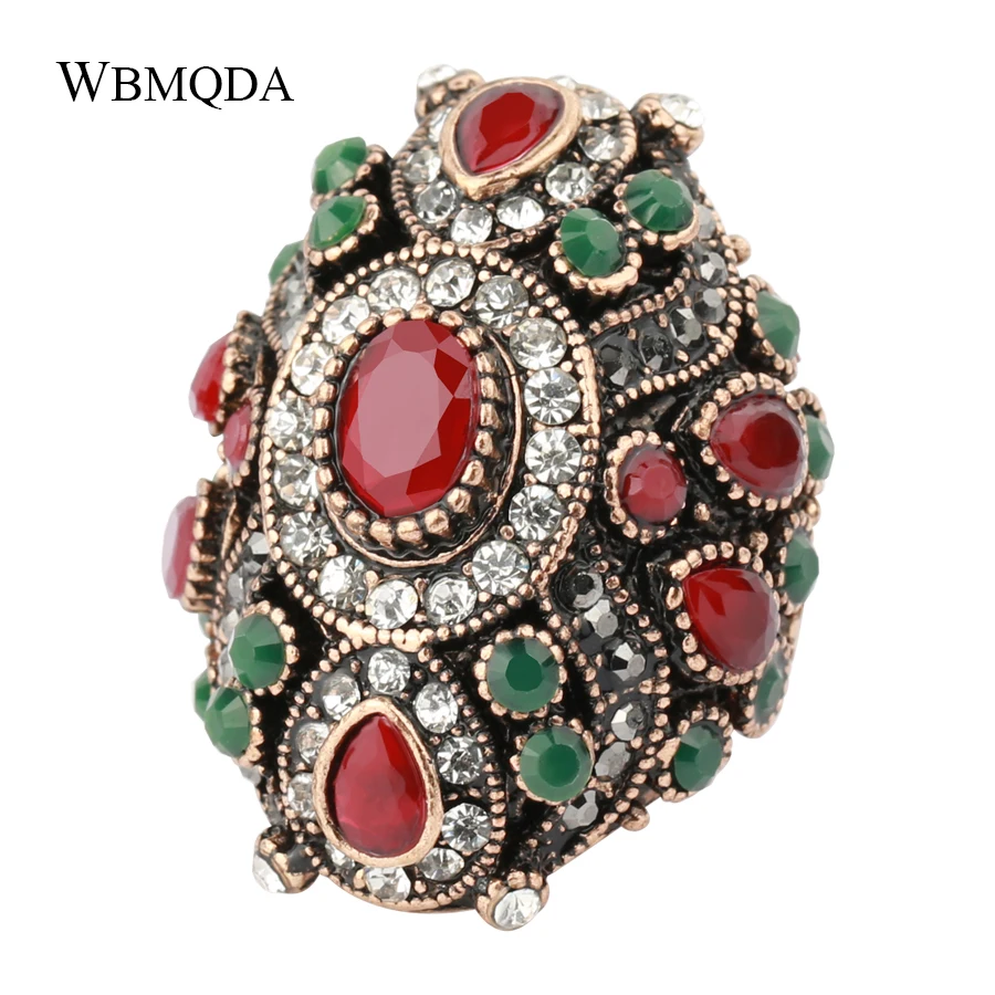 2018 New Bohemian Big Rings For Women Gold Luxury Ethnic Red Resin Crystal Crown Wedding Ring Vintage Jewelry Charm Gifts