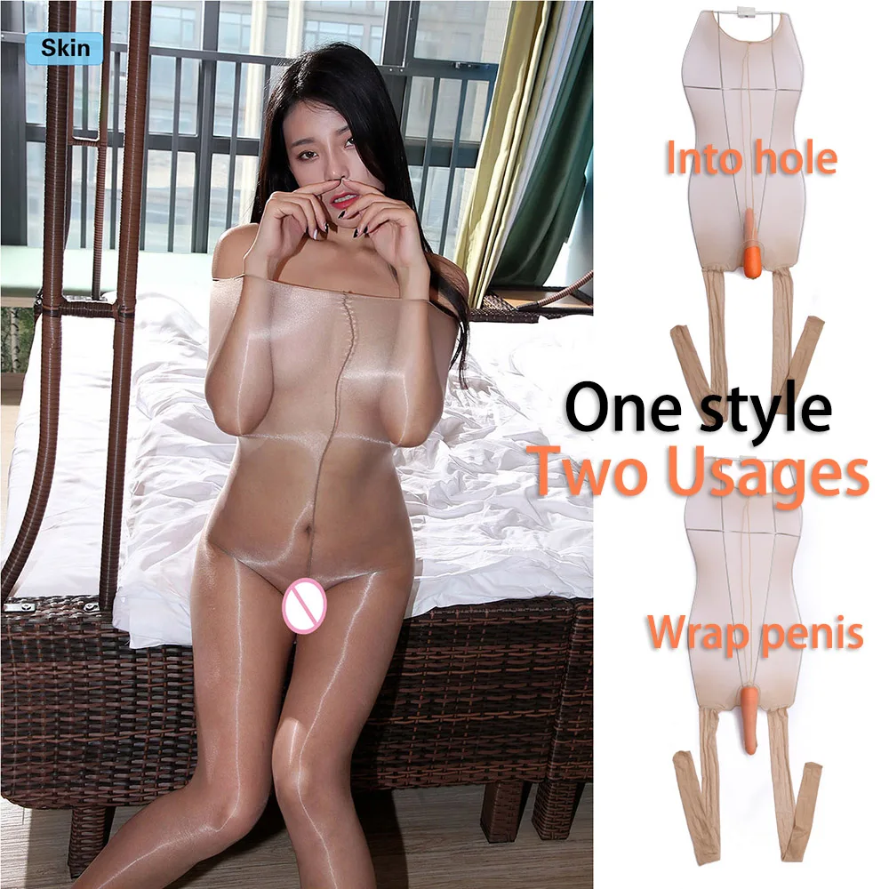 

Women Sexy 1D Oil Shine Super High Waist Sheer To Chest Pantyhose Bodystockings with Penis Cover or Into Hole Sheath Two Usages