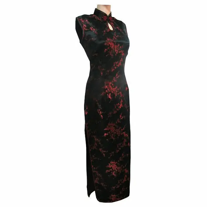 Black-Red Traditional Chinese Dress Women's Satin Long Halter Cheongsam Qipao Mujere Vestido Flower Size S M L XL XXL XXXL J3035