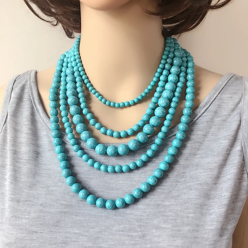 New Statement Chunky Five Layers Acrylic Marble Beads Collar Necklace 3 Colors For Women