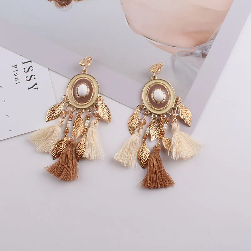 Bohemian Tassel Clip Earrings No Piercing for Women Wedding Party Acrylic Beads Statement Earrings Long Vintage Fringing Jewelry