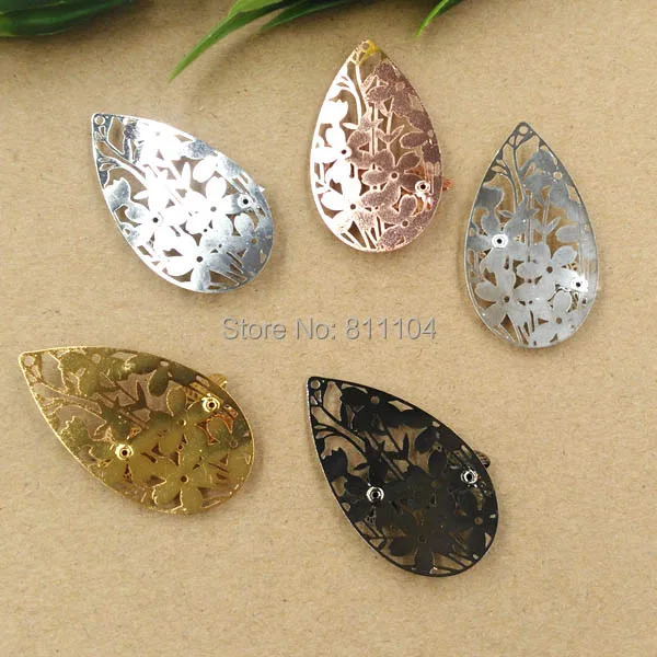 45x27mm Multi-color Plated Brass Blank Filigree teardrop Flower Pendant Links Wraps Connectors Jewelry Findings Connectors Charm