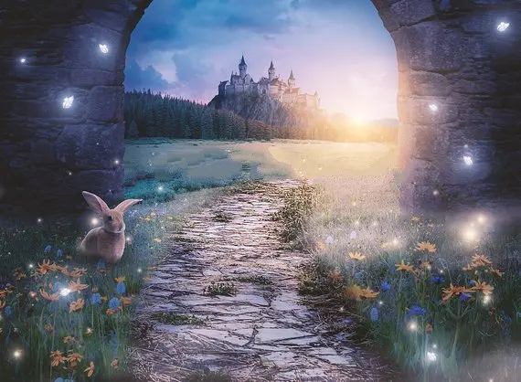 

magical path princess castle rabbit road flower arch backdrops Computer print children kids backgrounds