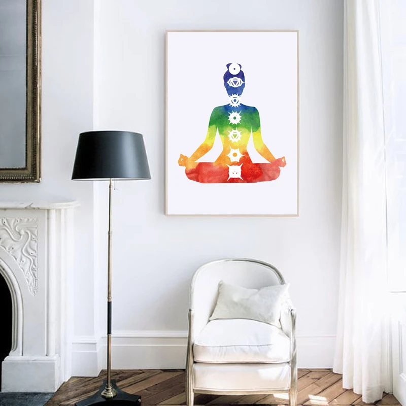 Colorful Lotus Flower Yoga Wall Art Print Poster , Watercolor Chakras Yoga Om Meditation Picture Canvas Painting Home Decoration