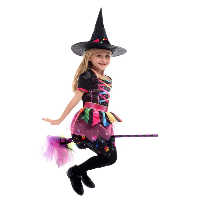 Kinderen Meisjes Regenboog Heks Jurk Kostuum met Hoed Nieuwjaar Kerstmis Carnaval Halloween Kinderen Goochelaar Tovenaar Cosplay Kleding