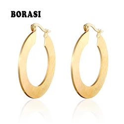 BORASI New Long Double Circle Round Dangle Earrings For Women Vintage Gold Color Stainless Steel Hyperbole Earrings Party Gift