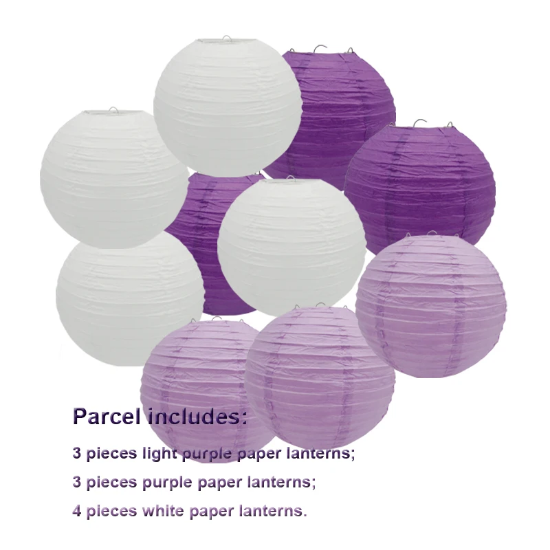 Paper lanterns for wedding decoration, white, purple, light purple, for baby shower, winter party, events, 10Pcs