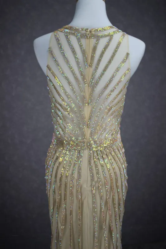 Robe de soirée luxueuse et longue, Champagne, sans manches, Sexy, avec perles, cristal, bal de promo, G092, 2019, 2019