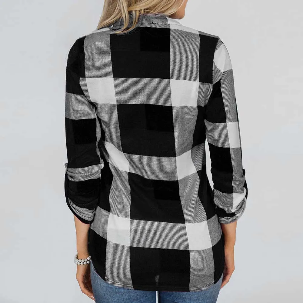 Fashion Women Roll Up Long Sleeve Sexy V-neck Tee Top Plaid Blouse Shirt Loose Casual Daily Female Blouses Tops Blusas Pullover