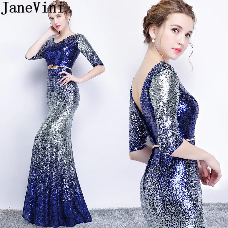 JaneVini Shiny Blue Silver Sequined Mermaid Evening Dress Arabic Bling Gradient Long Mother Of The Bride Dresses With Sleeves