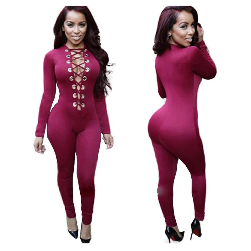 Sexy Bodycon Jumpsuit Romper Long Sleeve Bodysuit Women Lace Up Skinny Jumpsuit Elegant Full Length Stretch Trousers Clubwear