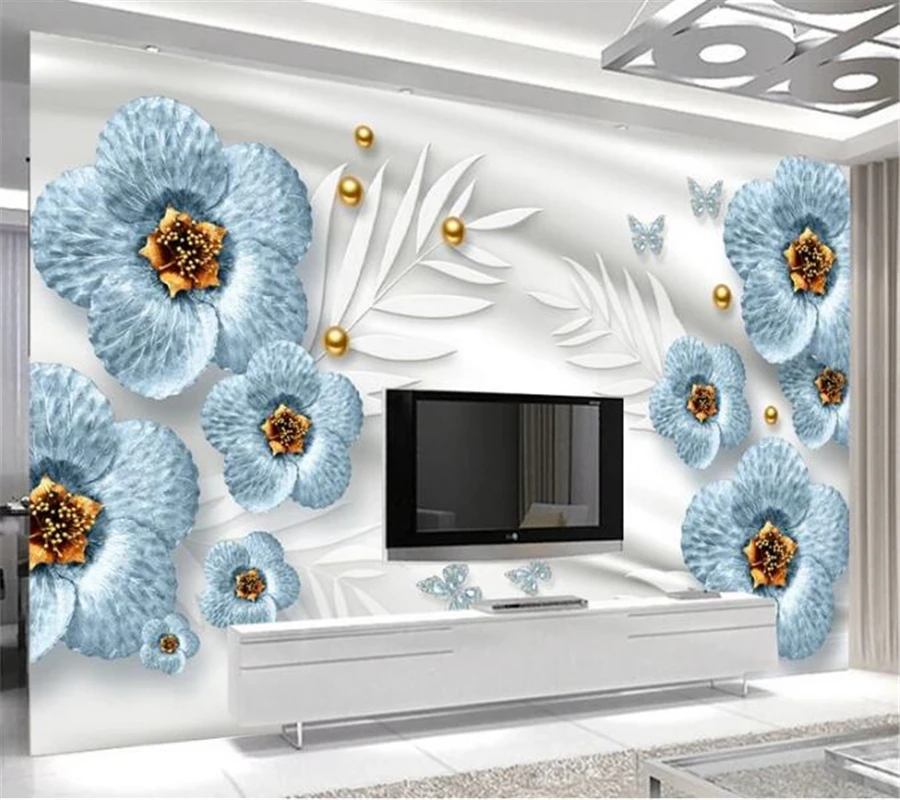 wellyu Custom wallpaper papel de parede Modern fashion blue jewelry flower pearl butterfly beautiful background wall behang