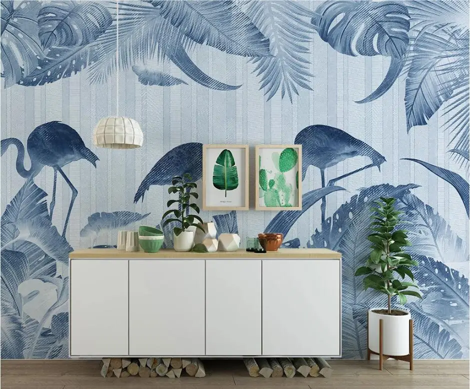 Custom wallpaper mural hand-painted Nordic tropical plants flamingo retro line TV bedroom living room background wallpaper...