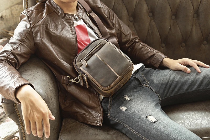 Thick Natural Leather Male Multifunction Retro Messenger bag Design Cross-body One Shoulder bag Satchel Tote School Bag 8025