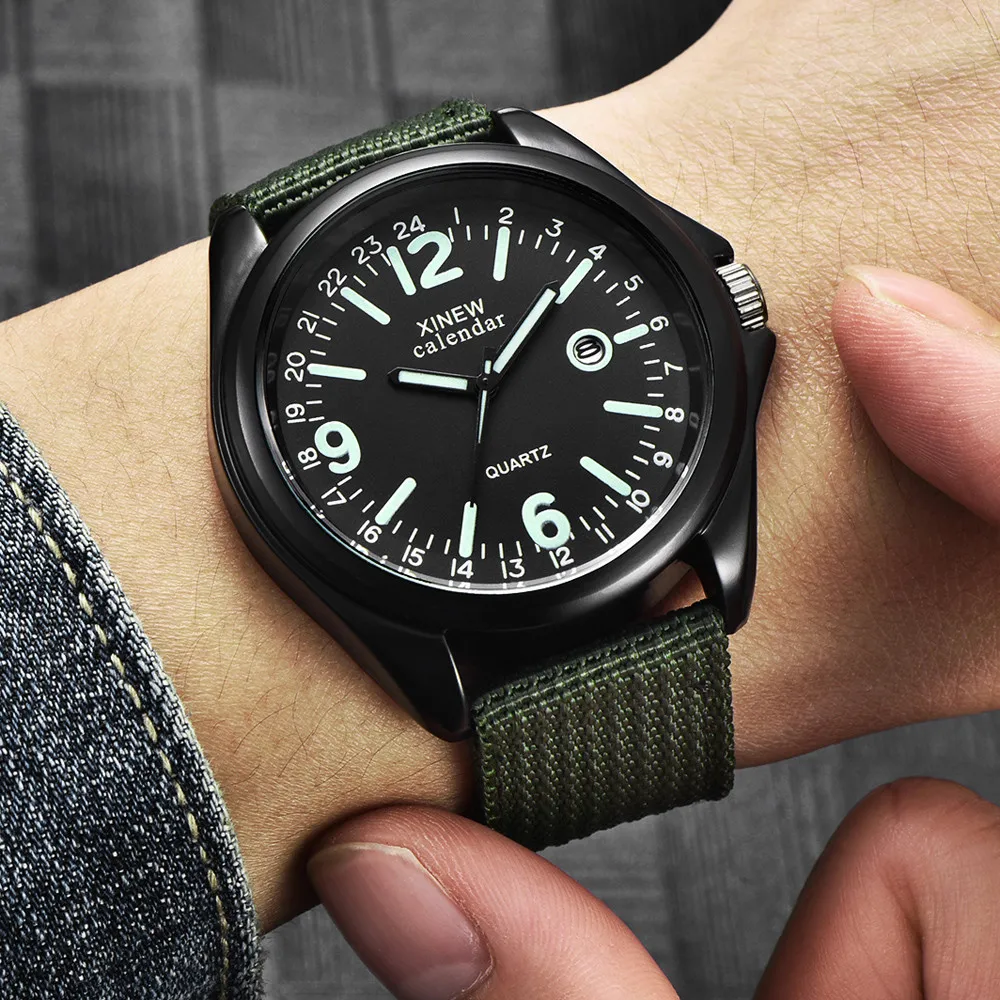 XINEW-reloj militar luminoso para hombre, cronógrafo de cuarzo con calendario, correa de nailon, deportivo, a la moda