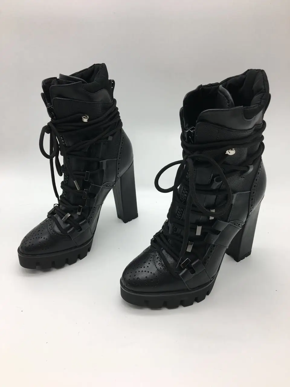 Sestito Women Cool Black Cross-tied Platform Motorcycle Boots Ladies Square High Heels Ankle Boots Girls Real Leather Shoes