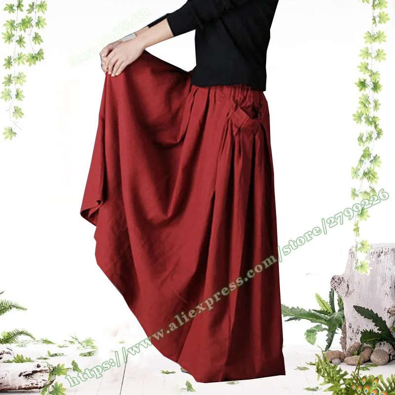 

Women's Clothing Retro Casual Vintage Style Red Black Cotton Linen Female Pleated Elegant Maxi Long Skirts