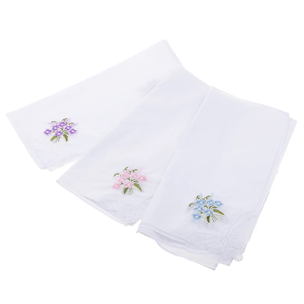 Pack of 12 Flower Embroidery   Cotton Handkerchiefs Comfy Pocket Hanky Square Handkerchiefs for Women White