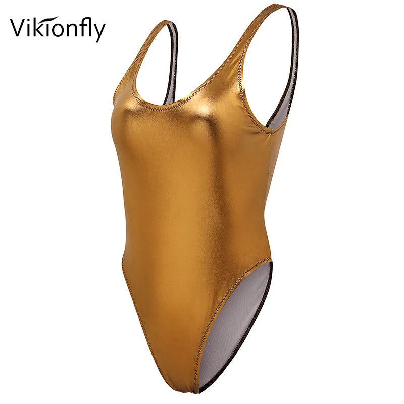 Vikionfly Shiny One Piece Swimsuit Women 2023 Thong Push Up Onepiece Reflective Swimwear For Ladies Bathing Suit Swim Gold