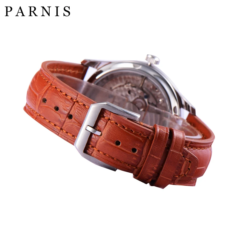 Parnis 43mm White Dial Automatic Men\'s Watch Power Reserve Mechanical Watches Wristwatch Top Brand Luxury relogios masculinos