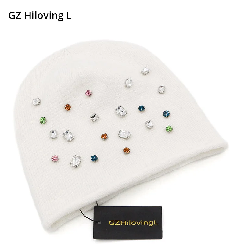 

GZhilovingL New Autumn Winter Rhinestones Diamonds Women Skullies Beanies Cap Hats Soft Solid Wool Knitted Hat For Girls Ladies