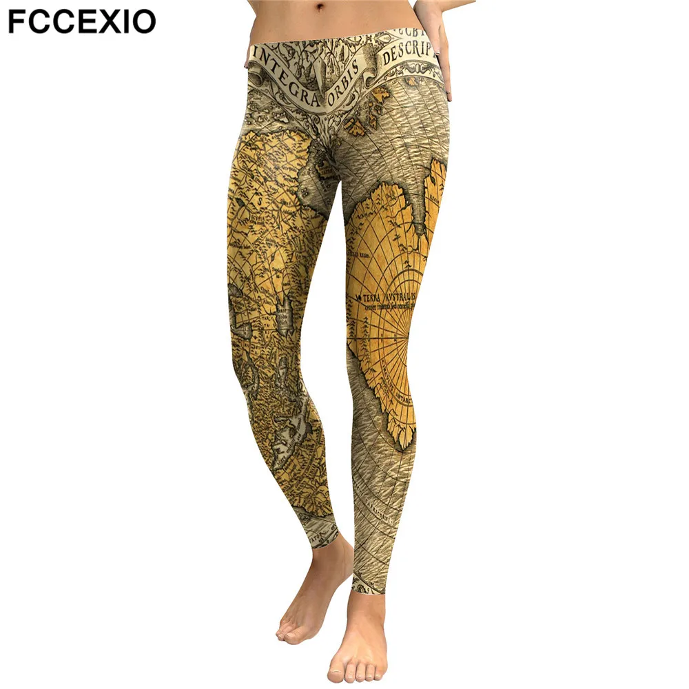 

FCCEXIO 2019 New Restoring Style High Waist Leggings Ancient maps Printed Legging Stretch Fitness Legins Women Workout Pants