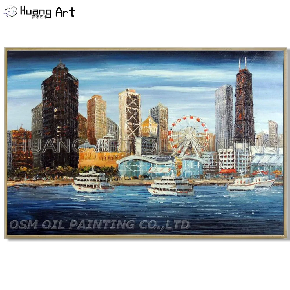 

Hand-painted High Quality Knife Landscape Oil Painting on Canvas Modern Downtown Chicago Building Oil Painting for Decor Art