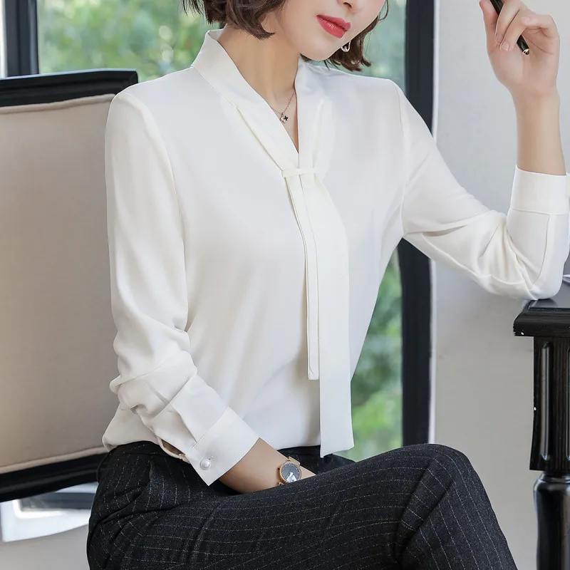 New Fashion Temperament Women Clothing Long Sleeve Blouses Formal Slim Tie Chiffon Shirt Office Ladies Tops Navy Blue Blusas