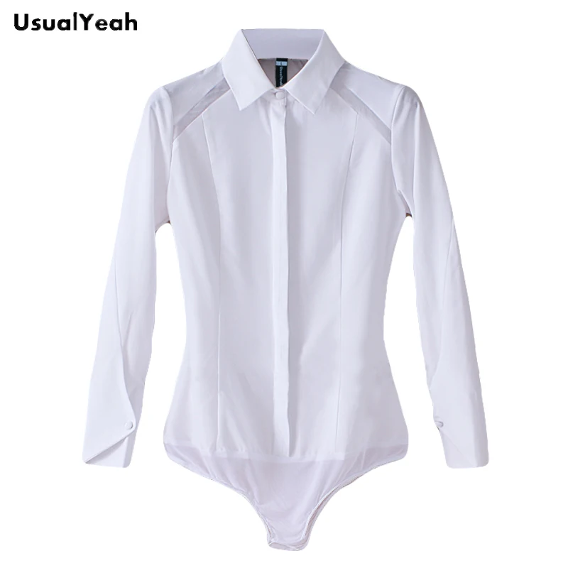 Usualyes-Blusa de manga larga con cuello vuelto para mujer, camisa de cuerpo a la moda, color blanco sólido, retales de encaje, S-XXL SY0331, 2018