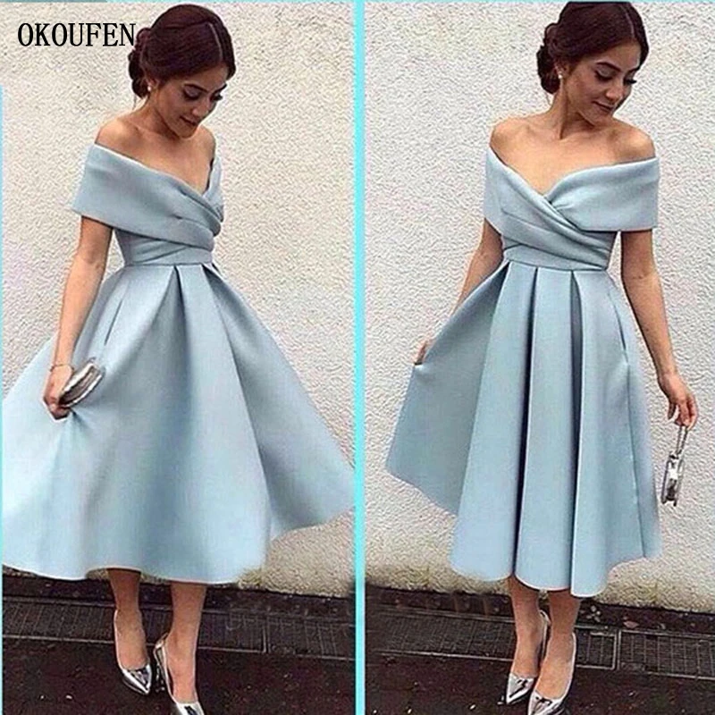 

Simple Blue Short Satin Prom Dresses 2024 Pocket Tea Length Off the Shoulder Formal Party Gowns vestidos de fiesta abendkleider