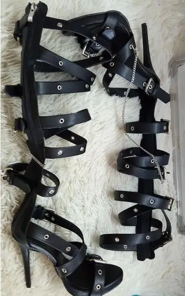 Summer Sexy Ladies Black Metal Buckle Straps Knee High Sandals Boots Stiletto High Heels Metal Chains Women Cut Out Long Boots