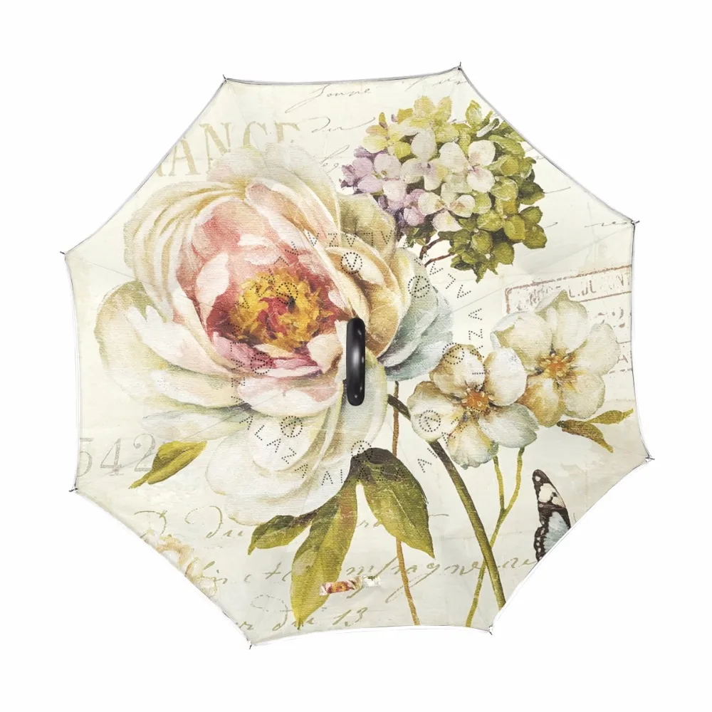 Reverse Umbrella With Vintage Oil Painting Flower Double Layer Inverted Umbrella High Quality Fashion Customized For Travel