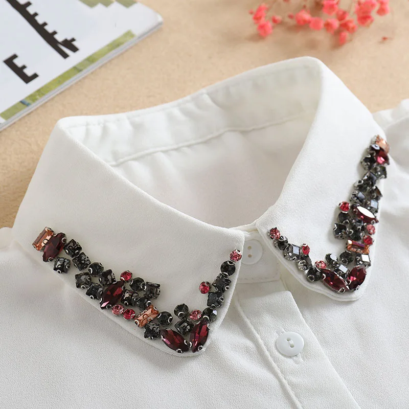 Vintage White Woman Fake Collar Black Crystal Lady Detachable Collar shirt Neckwear False Collar With Beads Clothing Accessories