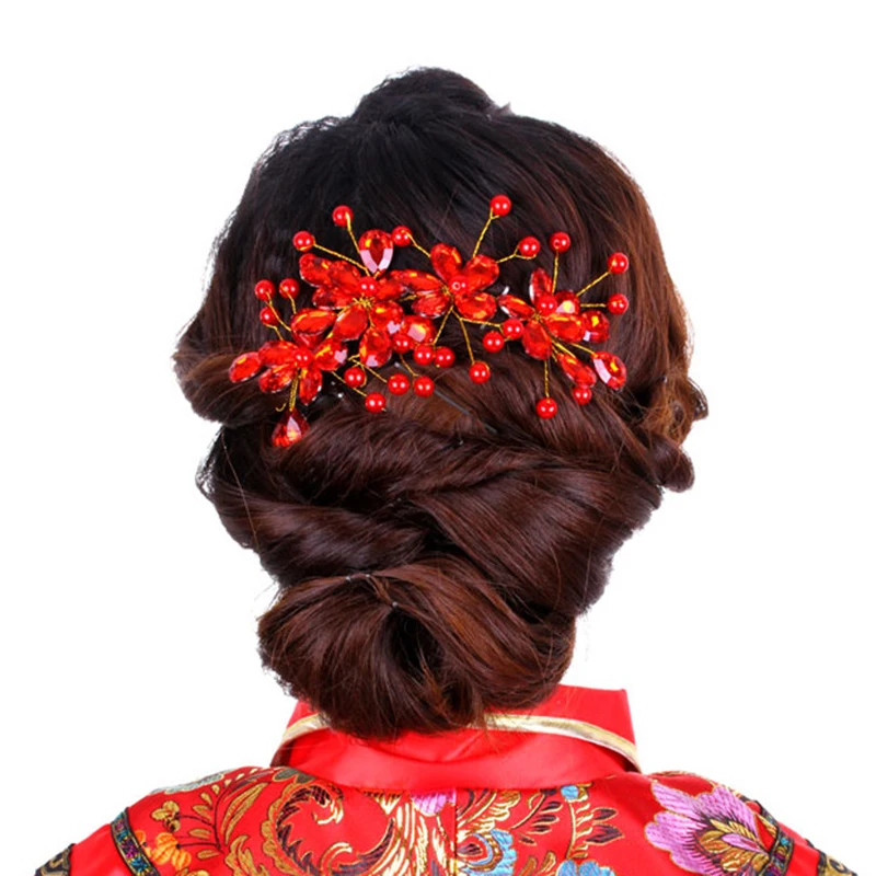 Women\'s Red Flower Wedding Bridal Party Accessary Handmade Hair Pin Clip Jewelry Luxury hair accessories red Hairpin