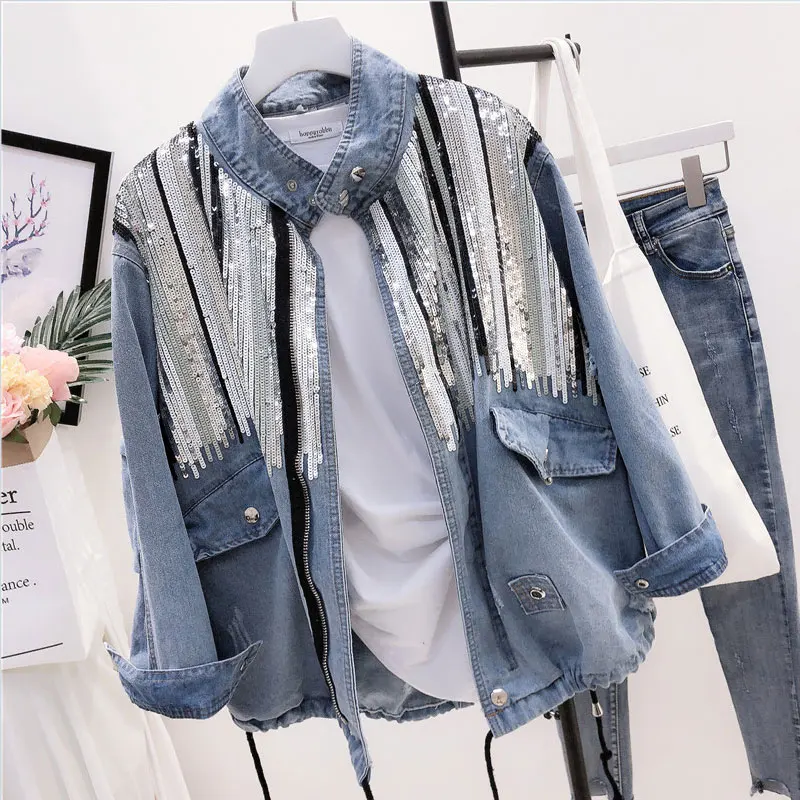 

Autumn Sequins Splice Bomber Denim Jacket Women Fashion Long Sleeve Standing Collar Vintage Hole Drawstring Jeans Jacket Female