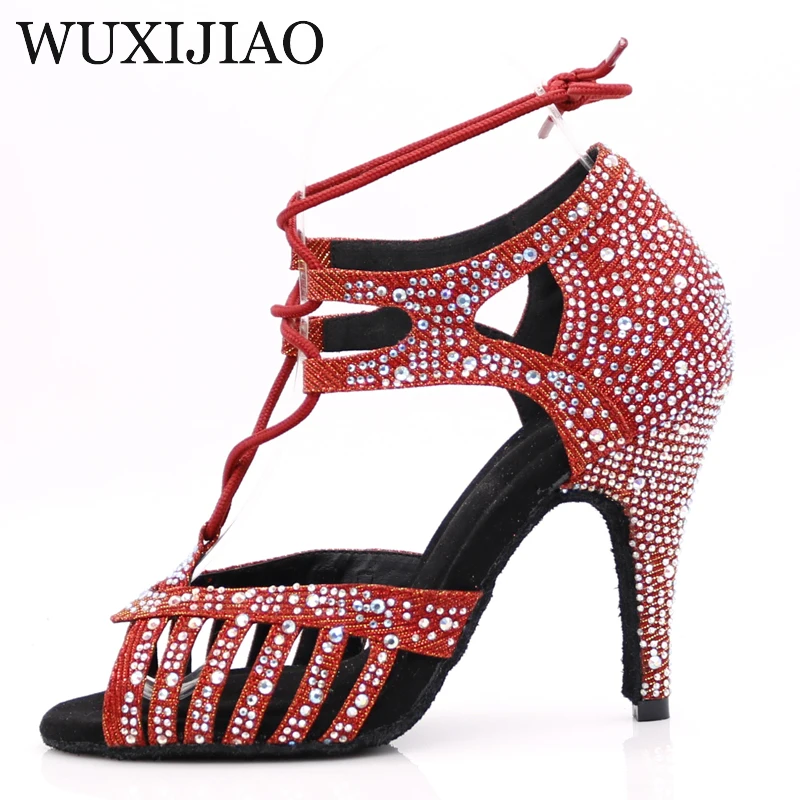 WUXIJIAONew Red and Glod Flash Cloth Salsa Dance Shoes Soft Bottom Latin Kizomba Tango Ballroom Dance Shoes Heel 6/7.5/8.5/10cm