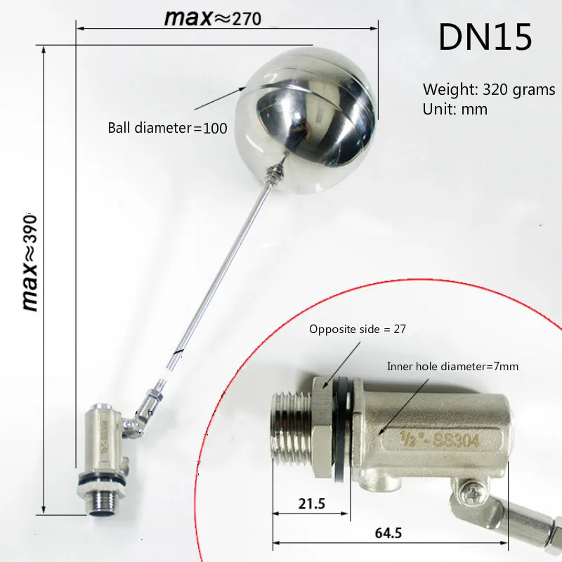 DN15 DN20 DN25 DN32 Float Ball Valve Water Tank Stainless Steel 304 Flow Control Floating Valve Switch Automatic Water Inlet