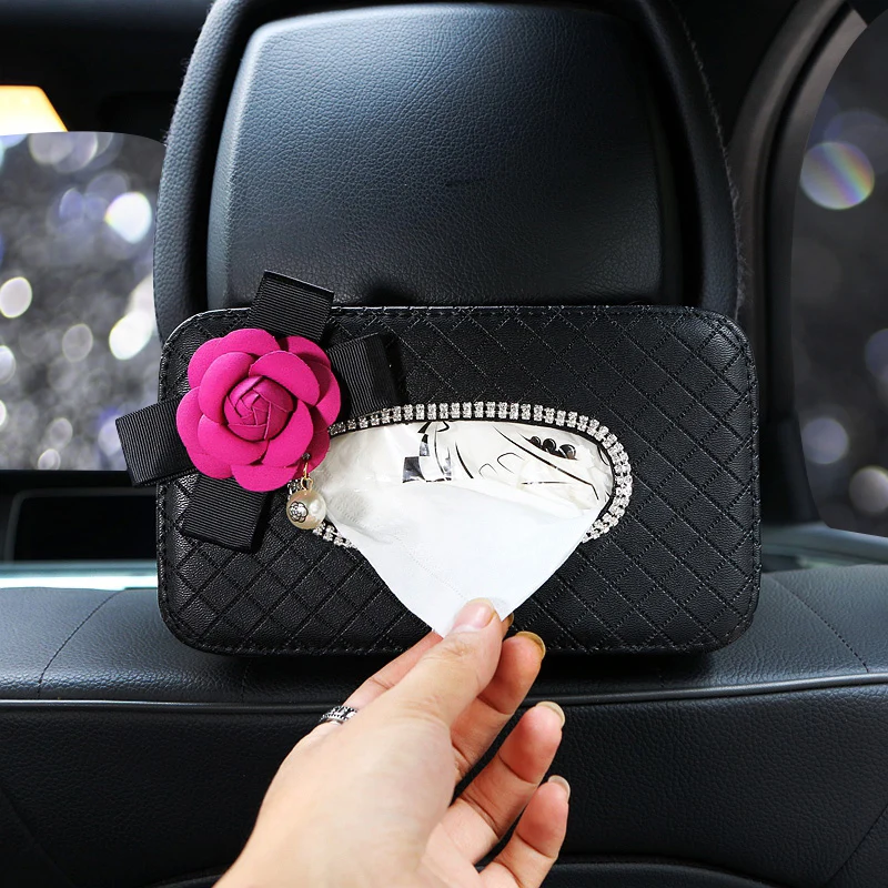 Crystal Car Tissue Box Camellia Flower PU Leather Auto Tissue Bag Seat Back Headrest Hanging Holder Case For Car Accessories