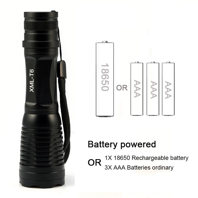 CREE XM-L2 T6 Super Tactical Flashlight 10000 Lumens 6000 Lumens Set with Rechargeable 18650 Battery Retractable Flashlight