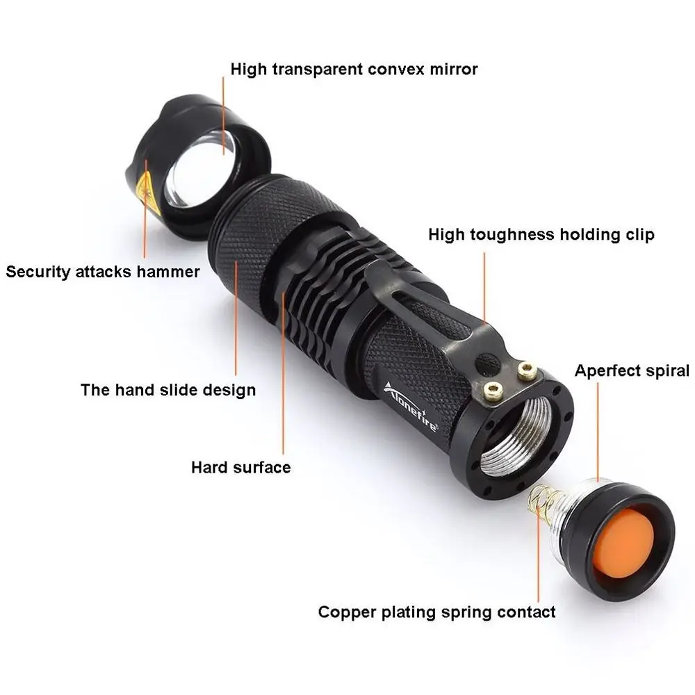 Imagem -03 - Alonefire Sk68 Mini Lanterna 2000lm Xpe q5 Led Alumínio Zoom Tocha Lâmpada de Acampamento à Prova Impermeável Água Penlight Zaklamp aa 14500 Bateria