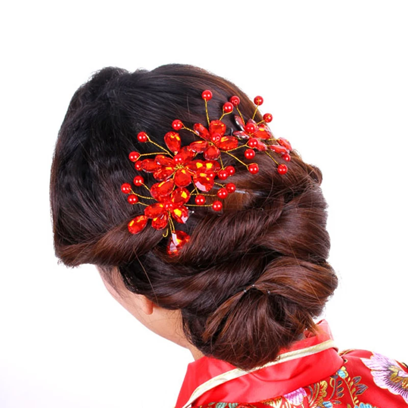 Women\'s Red Flower Wedding Bridal Party Accessary Handmade Hair Pin Clip Jewelry Luxury hair accessories red Hairpin