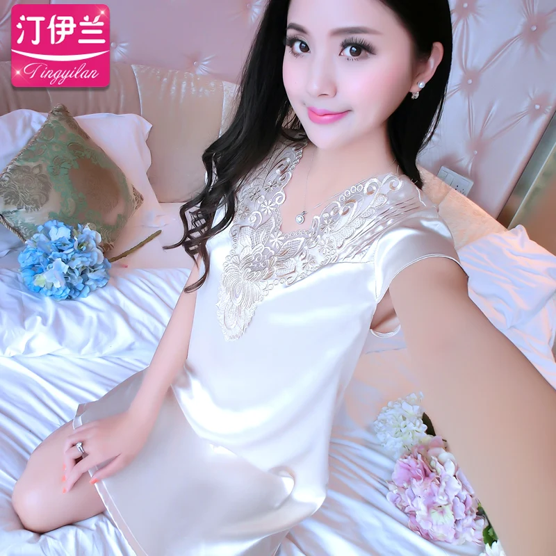 Female Sexy Summer Silk Nightgown Adult Sleepwear 2pcs Summer Silk Lace Dress Robe Girls Silk Homewear Sleeved Nightdress B-6629