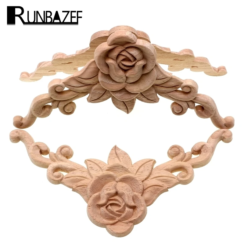 

RUNBAZEF SRose Floral Wood Carved Decal Corner Applique Decorate Frame Wooden Figurines Cabinet Decorative Crafts