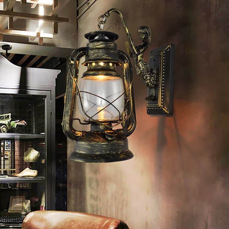 Retro Barn Lantern European Kerosene Wall Lamp Bedroom Bedside wall Lights,Wrought Iron glass Shade Restaurant Bar Aisle Sconce