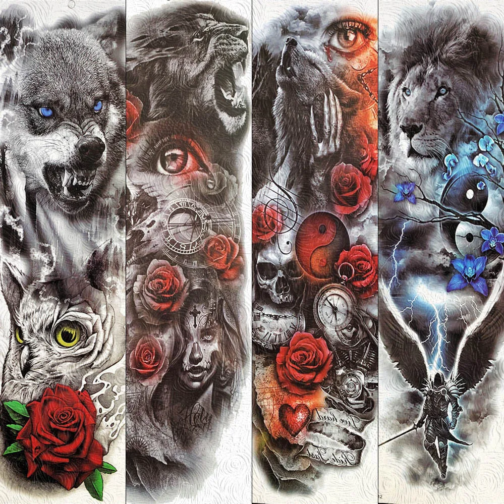 

FANRUI Long Full Arm Leg Fake Tattoo Sticker Roaring Lion Beer Rose Flower Temporary Tattoos For Men Women Waterproof EYE Tatoos