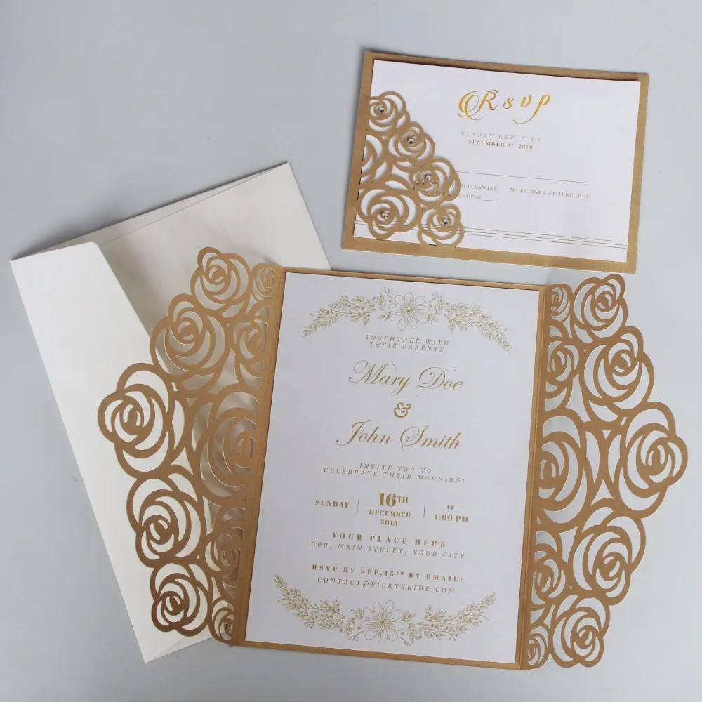 Gold Rose Wedding Invitations, Luxury Wedding Invite, Shiny Invitation Cards With Customized Wording - Set of 50 pcs