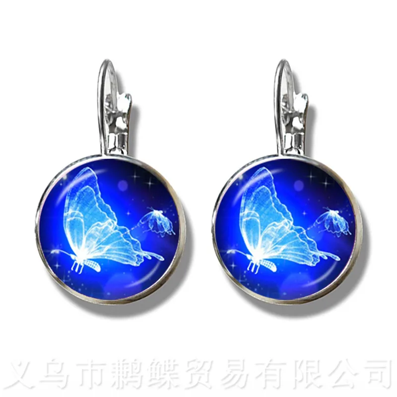 New Beautiful Blue Butterfly Glass Dome Birds Art Picture Glass Cabochon Dome Silver Plated Stud Earrings For Women Gift