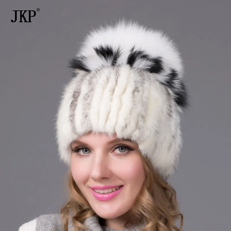 JKP winter Women\'s Fur Hats Knitted Mink Fur Hat Female With real Fox Fur Pompom Cap Lining Winter Girls Hats For Beanies
