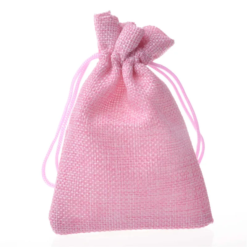 

100pcs/lot Faux Burlap Hessian Drawstring Jute Bags Jewelry Packaging Rustic Wedding Favors bomboniere Gift Pouches 9x12cm Pink